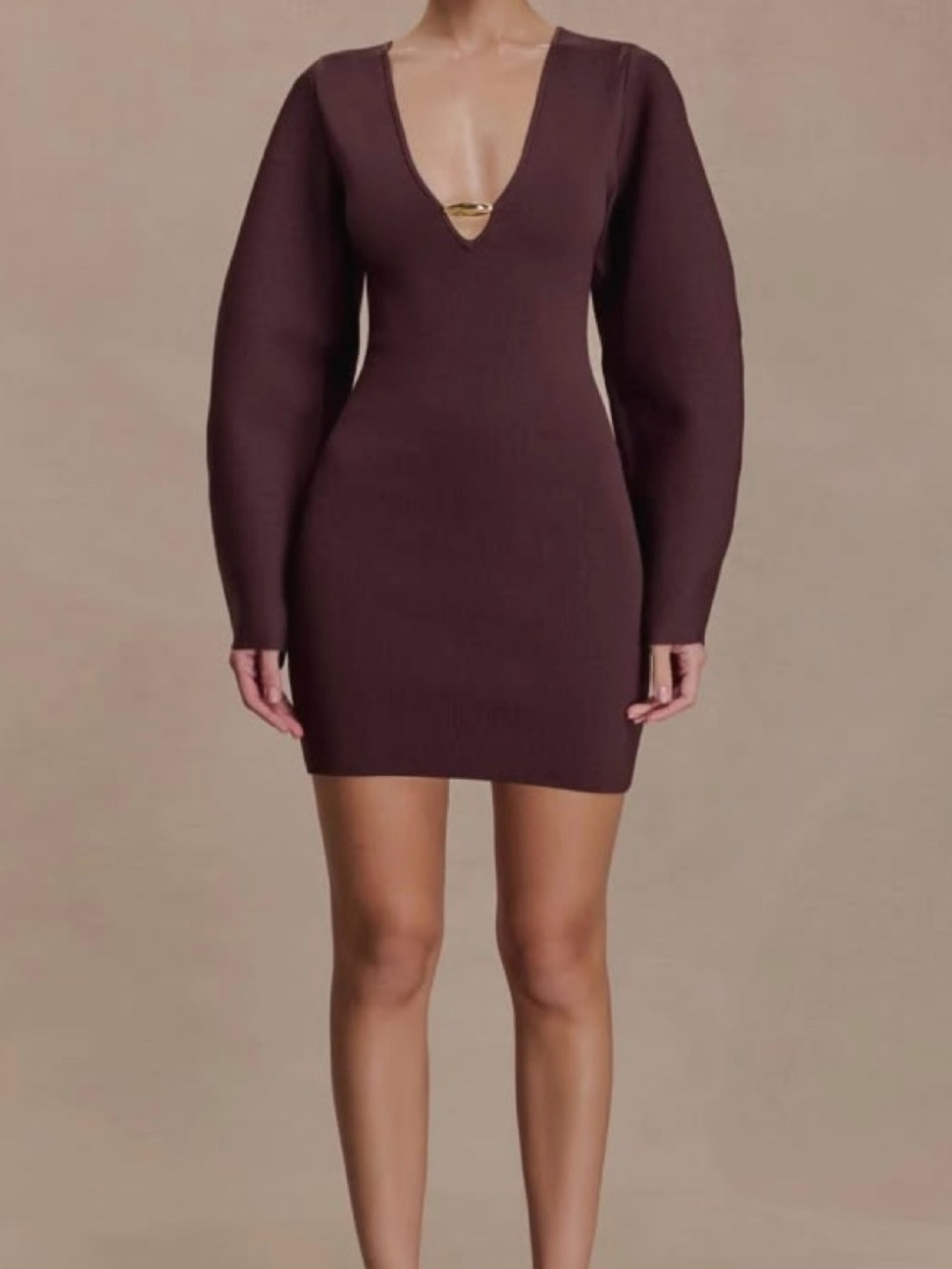 Meshki Deep V-Neck Long Sleeve Mini Dress - Dark Brown